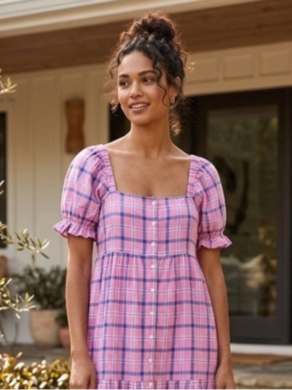 LITTLE TIENDA Pink and Blue Square Neck Puff Sleeve Dress in Magnifique VGUC